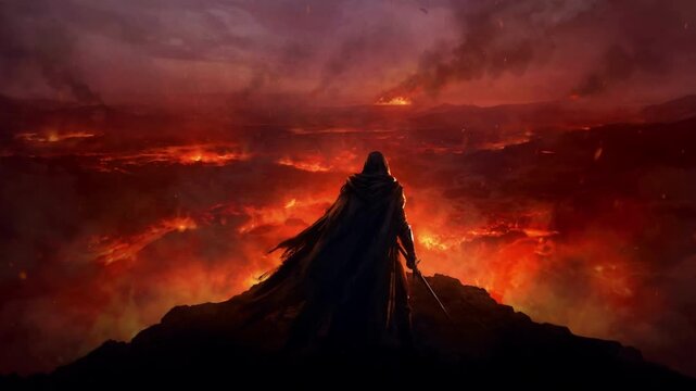 Lone Warrior Stands Atop Volcanic Cliff Overlooking Fiery Landscape Cinematic Fantasy Scene with Dramatic Red Lighting and Epic Scale