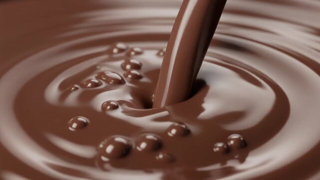 Slow motion pouring rich creamy hot chocolate milk, delicious dark liquid food background.