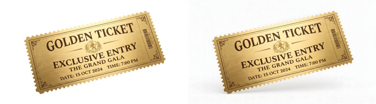 Golden VIP ticket design with ornate border and barcode for exclusive gala event invitation shown in PNG, Transparent and White Background Versions