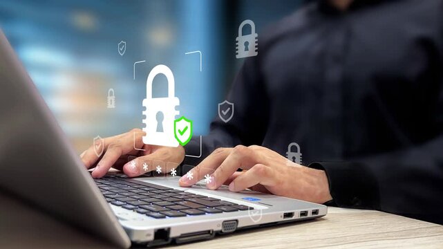 Personal Data Protection, Block Third Party Access, Secure Browsing, Cybersecurity and Data Privacy. Secure Lock Icon with Digital Safety Shield on Laptop Virtual Screen. 4K Video