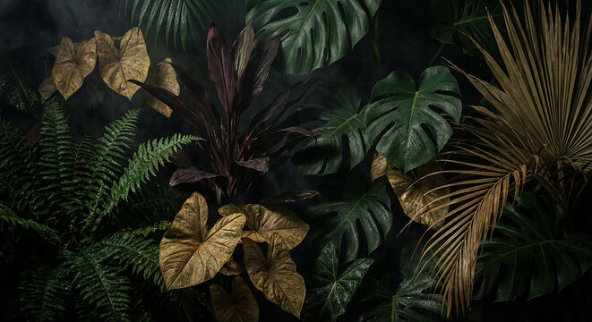 Lush dark tropical leaves with deep green and earthy tones, perfect for exotic botanical design and natural product promotion