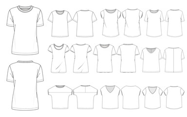 Fototapeta premium Women's T-Shirt Technical Flat Sketch Collection Bundle Set Front and Back View Vector Illustration