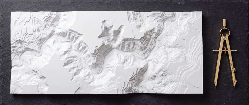Topographic map relief with white three dimensional contour lines showing landscape elevation levels next to golden brass drafting compass