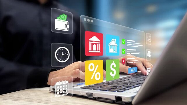 Monthly Budget Planning, Loan Installment, Mortgage, Tax, Saving and Expenses Concept. User Reviewing Payments Schedule and Billing Reports on Laptop Virtual Screen. Expense Tracking. 4K Video
