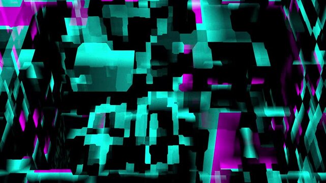 Data Pulse - cyan and magenta digital cells flickering on dark circuit grid, seamless loop 4K abstract tech background