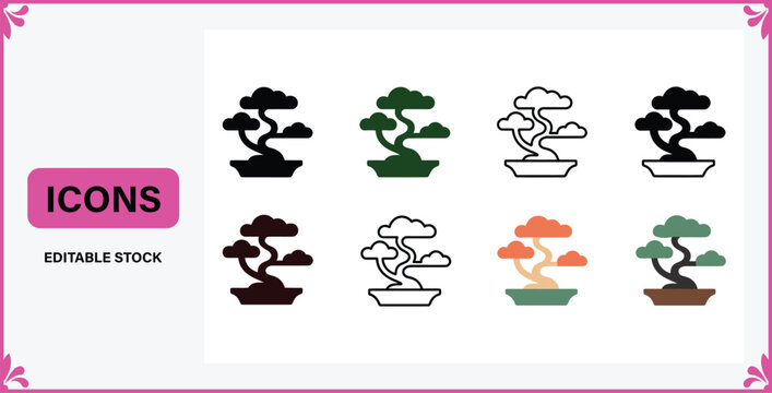 Bonsai tree in pot icon set in various artistic styles with japanese gardening miniature