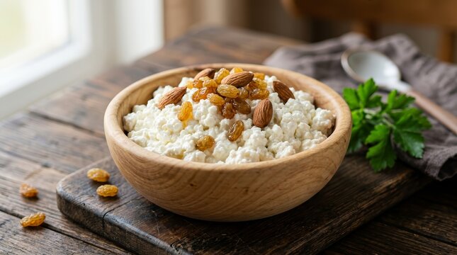 Delicious cottage cheese with raisins and almonds presented in a natural wooden bowl.
