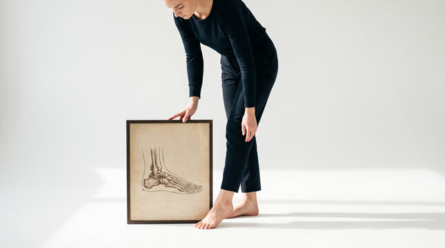 Woman bending to hold a framed anatomical illustration of the human foot