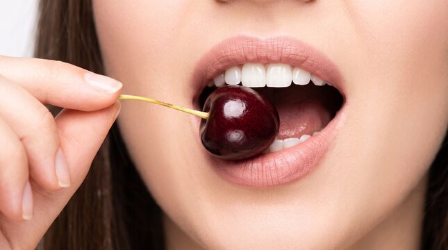 Close up of a young woman mouth biting a fresh sweet dark red cherry with perfect white teeth