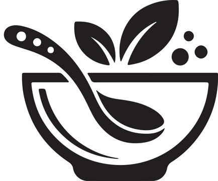 Vector icon of a bowl with a spoon and herbs, representing healthy food, organic cooking, or a salad preparation concept