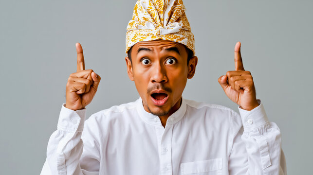 A man wearing a white shirt and a gold hat with a white band is pointing at his face with both hands