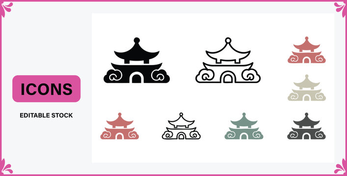 Chinese temple architecture outline and glyph icon collection with architecture, building