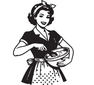 Vintage 1950s style housewife character wearing an apron and hair bow, smiling while mixing ingredients in a bowl, vector illustration