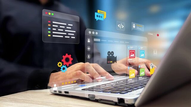 Web Design and App Development Concept. UX-UI Design. Web Developer Working on Website on a Laptop. User Experience, Modern Interface Designing, Creative Planning and Data Visualization. 4K Video