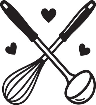 Crossed whisk and ladle kitchen utensils icon with hearts, vector illustration for cooking, baking, culinary, food preparation, chef