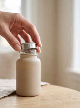 Hand Opening Modern Beige Matte Skincare Bottle on Table