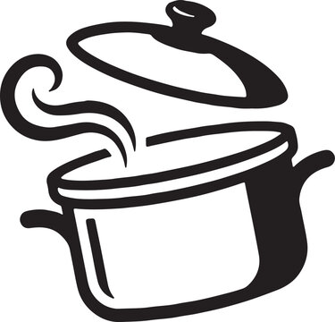 Vector illustration of a cooking pot with an open lid and steam rising, representing food preparation, cooking, and kitchenware