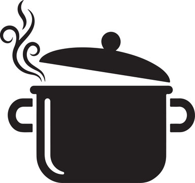 Vector icon of a cooking pot with a lid and steam rising, representing cooking, food preparation, and kitchen appliances