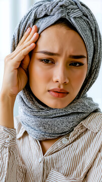 A woman with a headscarf and striped shirt looking concerned