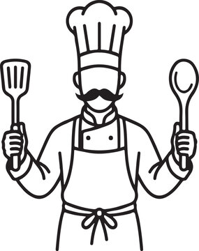 Chef icon with spatula and wooden spoon, professional cook character in uniform with mustache, vector illustration