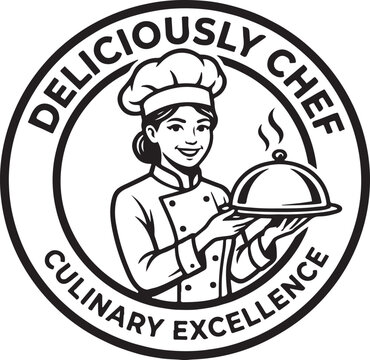 Chef logo design, female chef holding a serving tray with a cloche, culinary excellence emblem, vector illustration