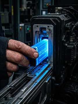 Hand Inserting Recycled Bio-Polymer Cartridge into Industrial Machine