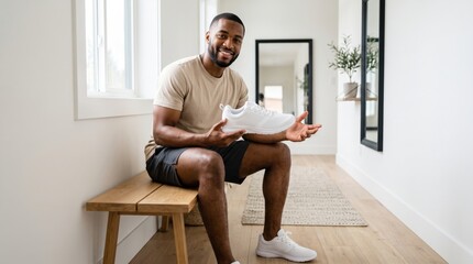 Fototapeta premium African american man holding white sneaker while sitting on bench in bright room. Smiling athlete showcasing comfortable footwear. Casual sport style, health and fitness lifestyle concept.