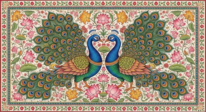 Exquisite Indian Peacock Art Painting with Intricate Floral Designs.