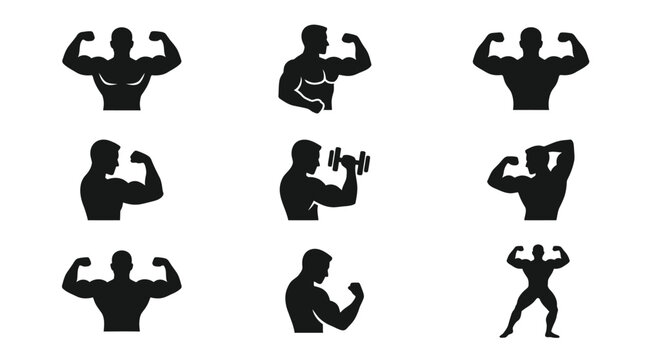 Black silhouettes of flexing muscular men.