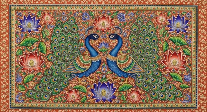 Exquisite Indian Peacock Art Painting with Lotus Flowers.