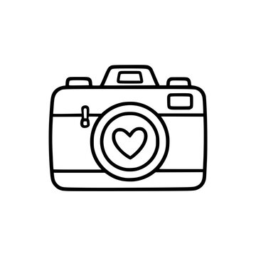 Simple line art camera with heart symbol in lens.