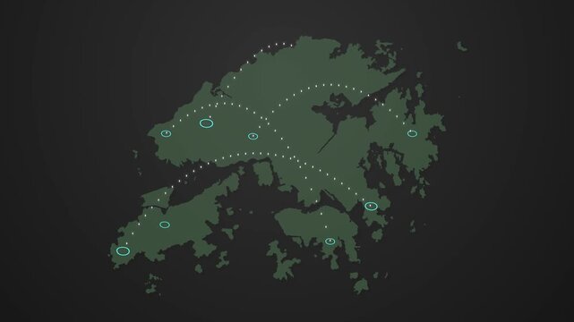 Hong Kong Map Network Animation with Data Signals Connecting Different Locations, Global Technology Concept
