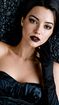 A woman in a black dress and black gloves with dark makeup and her hand on her face