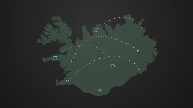 Iceland Map Featuring Animated Signal Flow Between Two Points, Smart Communication and Logistics