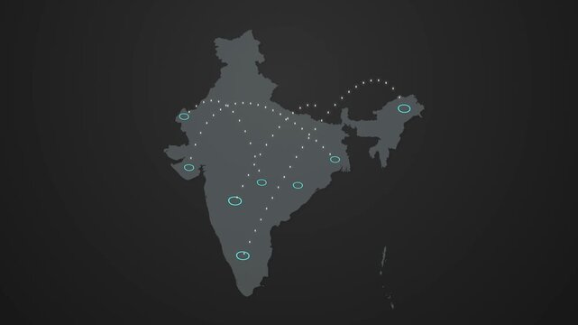India Map Animation with Signal Transmission Between Two Locations, Digital Communication Network