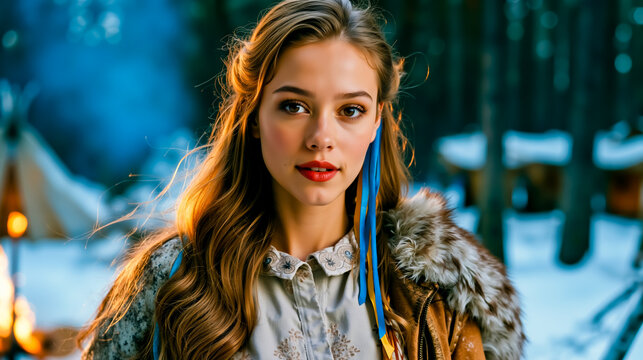 A young woman with long brown hair and red lipstick wearing a fur-lined jacket and blue feathers stands in a snowy forest with a campfire in the background