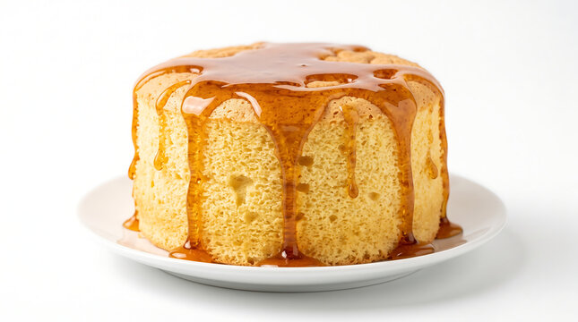 A delightful golden chiffon cake generously drizzled with rich caramel sauce, a perfect sweet treat for any occasion, evoking feelings of pure indulgence and joy