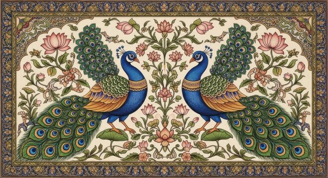 Exquisite Indian Peacock Art with Floral Motifs.