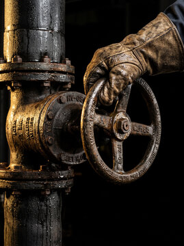 Worker in Heavy Duty Leather Glove Turning Valve Wheel on Geothermal Pipe