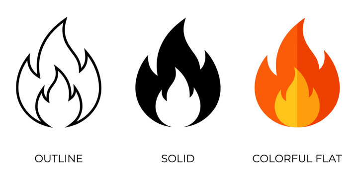 Fire flame icon set in three styles, outline solid and colorful flat fire symbols, orange and yellow heat blaze vector elements for UI design