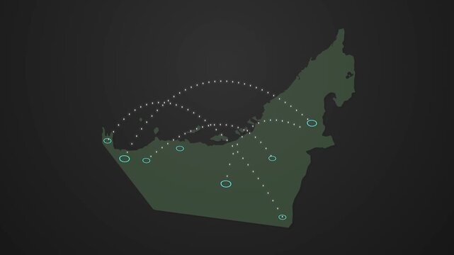 UAE Map Network Animation with Data Signals Connecting Different Locations