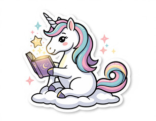 Cute Kawaii Unicorn Reading a Magical Storybook While Sitting on a Fluffy Cloud Illustration Sticker © eidel