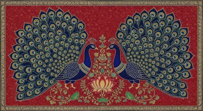 Exquisite Indian Peacock Art with Intricate Details on Red Background.