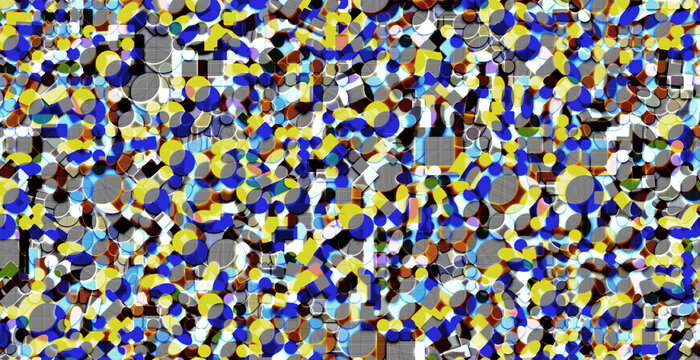 Vibrant abstract background pattern. Dense mosaic of multicolored shapes circles, rectangles, irregular forms, creating dynamic, complex, modern visual texture