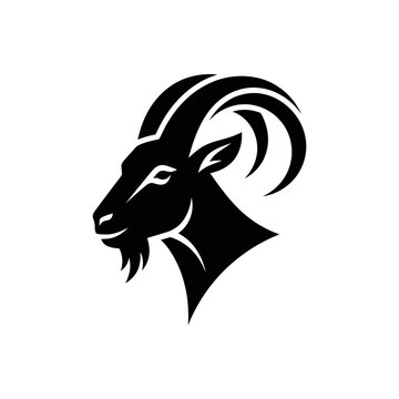Black goat head profile minimalist vector logo design.
