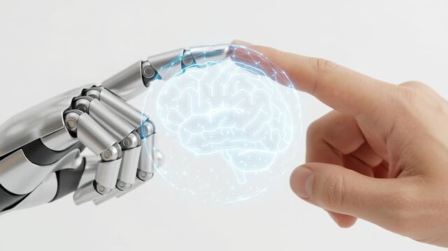 Artificial intelligence automation connects human robot fingers with glowing brain symbolizing ai risk management cloud computing cybersecurity digital technology connection human machine