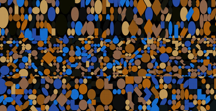 Abstract geometric mosaic pattern with blue brown and tan shapes over black backdrop creating a modern decorative rectangle digital illustration