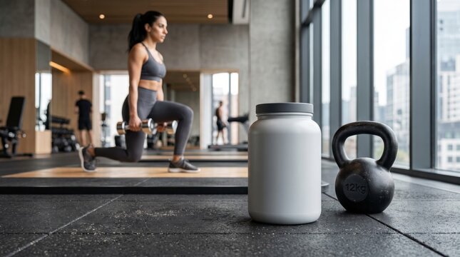 White protein powder jar with kettlebell on fitness center floor. Woman exercising doing lunge with dumbbell in background. Nutrition supplement container for muscle recovery and bodybuilding.
