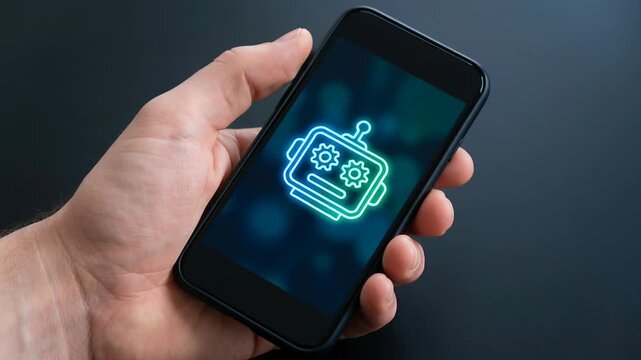 Hand holding smartphone displaying glowing robot icon symbolizing AI automation and cybersecurity risk management in digital technology with cloud computing and advanced management concepts