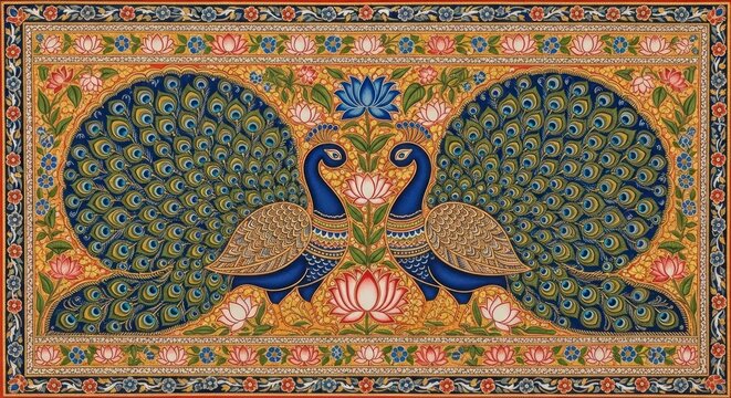Exquisite Indian Peacock Art with Intricate Floral Border.